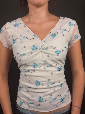 White Floral Mesh Ruched V-Neck Top with Blue Embroidery